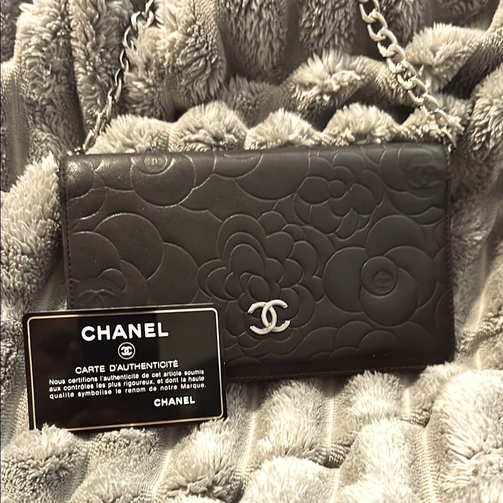 COPY - Chanel Camellia Embossed Flap Wallet w/ Chain  and certificate card. NO …